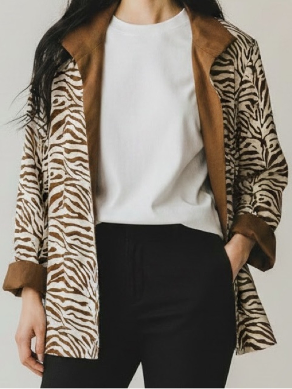 Grace Chuang Small Vintage Brown & White Zebra Print Open Blazer Jacket